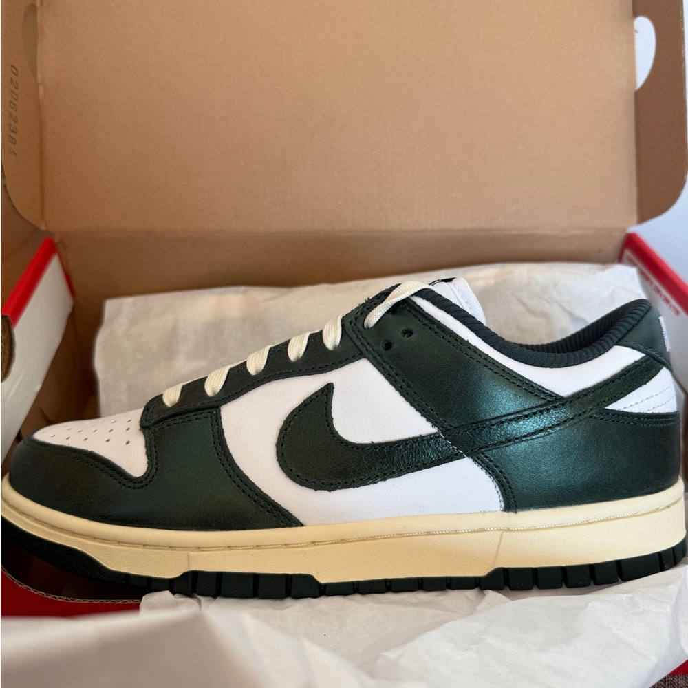 Women’s Nike Dunk Low Dark Green and White Sneakers